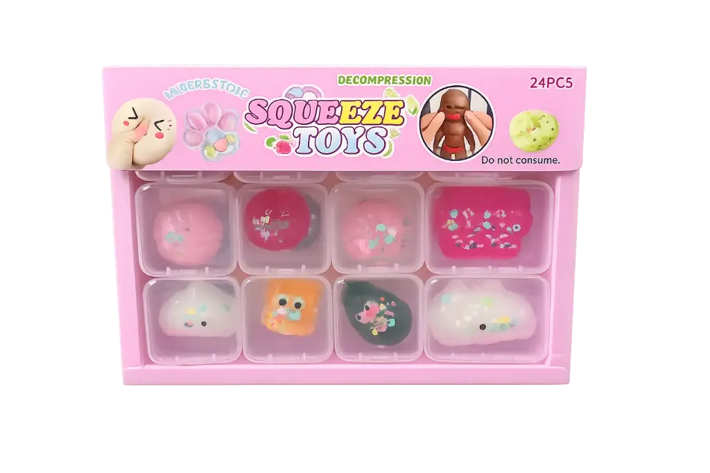 SQUISHY MINI TOY IN CLEAR BOX 24CT 